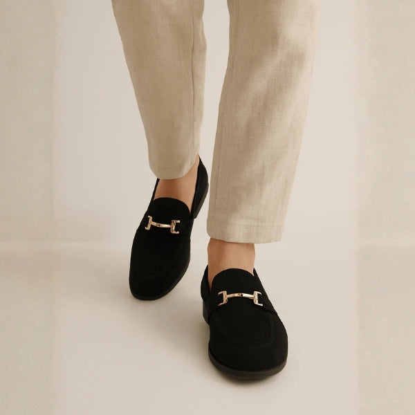 Men’s Loafers | Black Vegan Suede Slip-On Shoes with Gold Detail