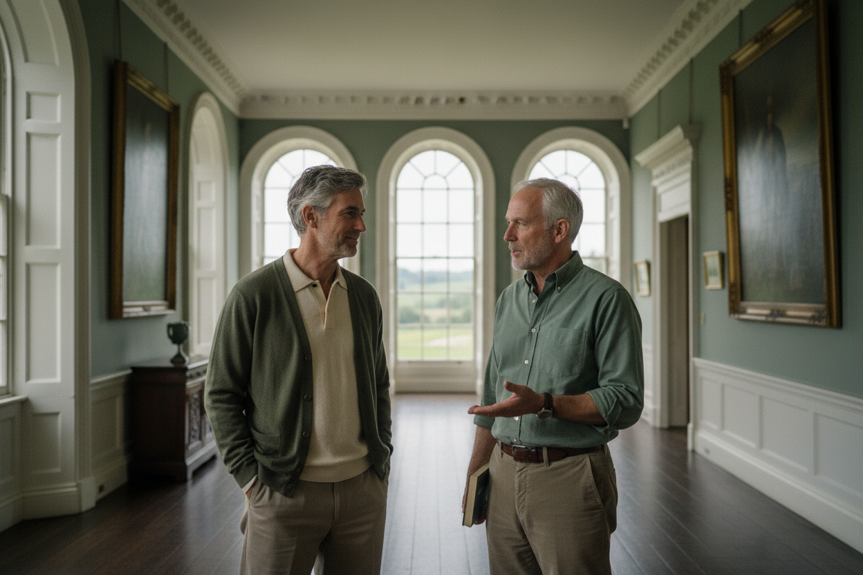 Ultra-realistic documentary-style photo representing a refined American menswear brand, featuring one or two men aged 40–60 in a natural old money environment. The men are captured mid-moment rather than posing, wearing understated essentials in muted ivy green, olive, and warm neutral tones. Styling feels consistent with a cohesive collection, not a styled outfit. Soft natural daylight, low contrast, no AI look, no fashion editorial feel. Quietly confident image that introduces the brand through presence r